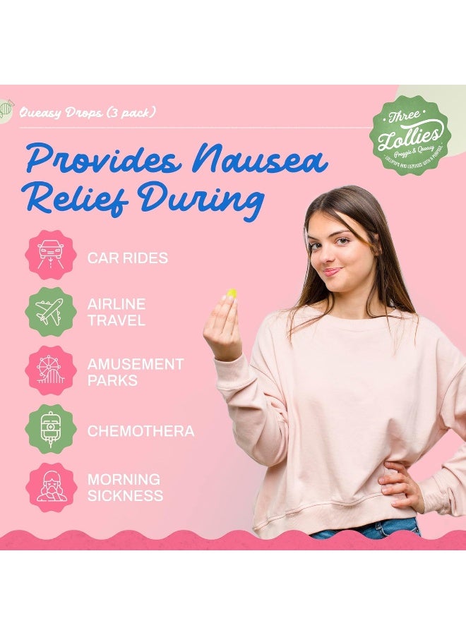 Three Lollies Queasy Drops | 3 Pack: 21 Drops Each | Nausea Relief (Chemo, Motion Sickness, Hangover etc.) | Drug Free & Gluten Free | Five Flavors: Green Tea with Lemon, Ginger, Raspberry, Banana & Cola - Image 4